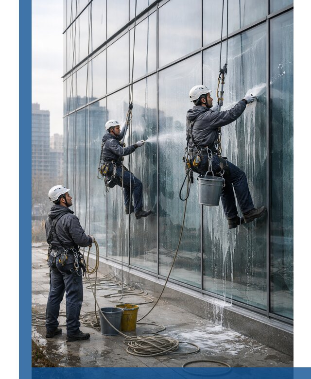 Промышленная мойка панорамных окон на высоте в Устях-Джегуте