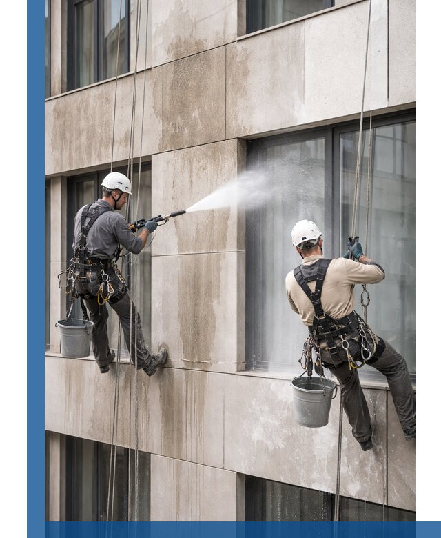 Послестроительная мойка фасада промышленным альпинизмом в Устях-Джегуте