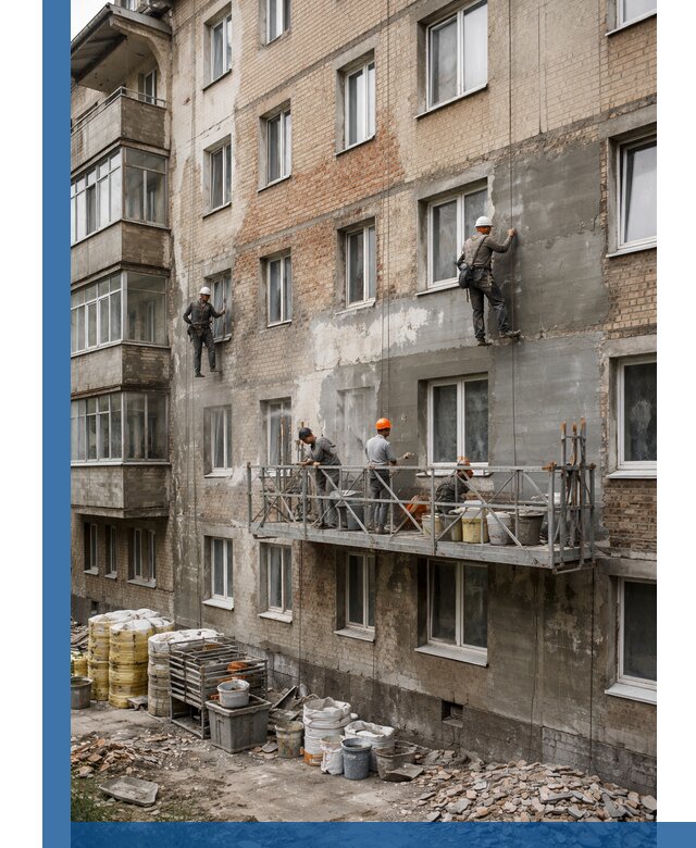 Капитальный ремонт фасада в Устях-Джегуте с восстановлением и гидроизоляцией