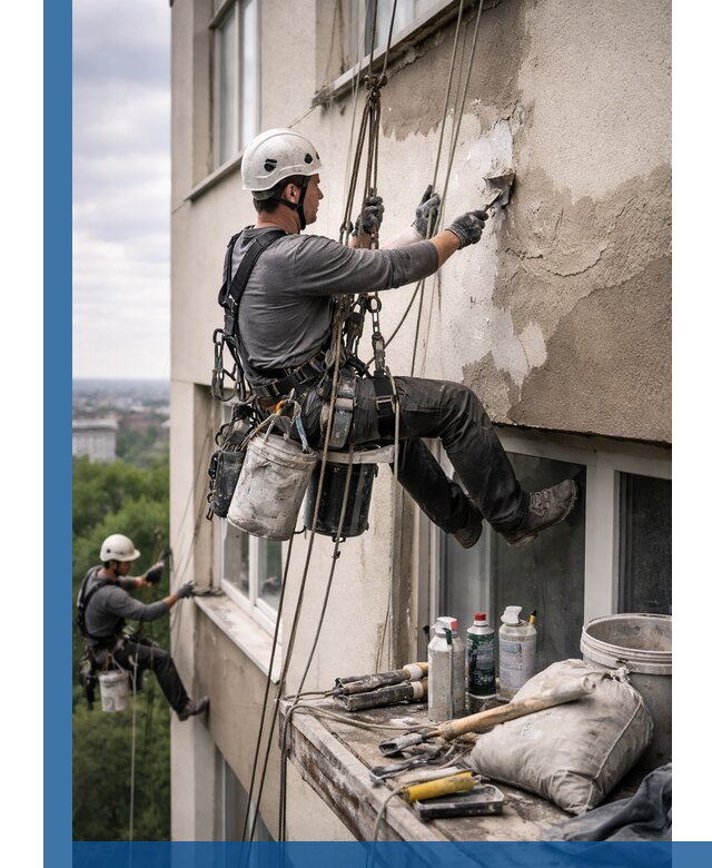 Косметический ремонт фасада зданий в Устях-Джегуте промышленными альпинистами