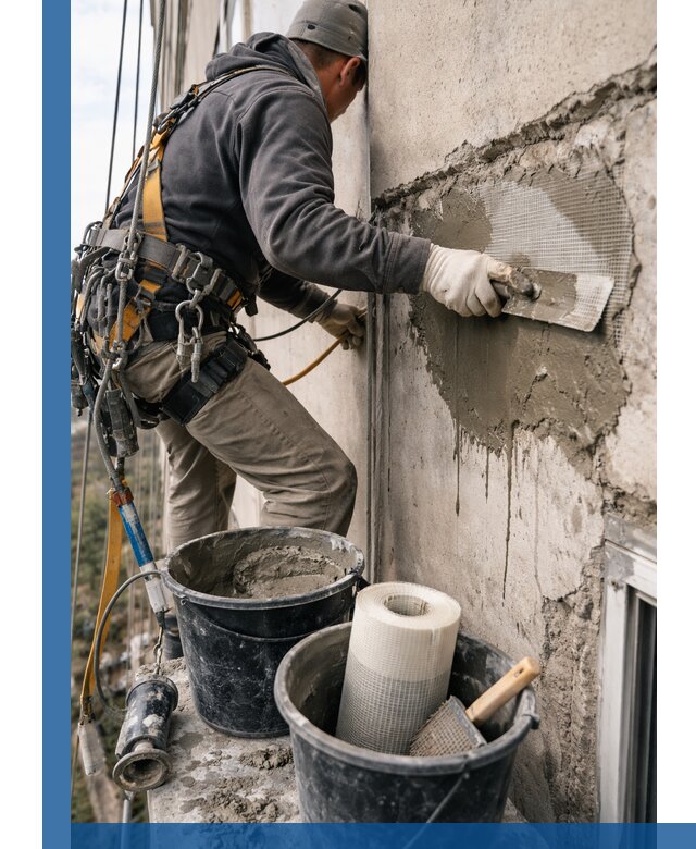 Ремонт бетонных элементов фасада промышленными альпинистами в Устях-Джегуте