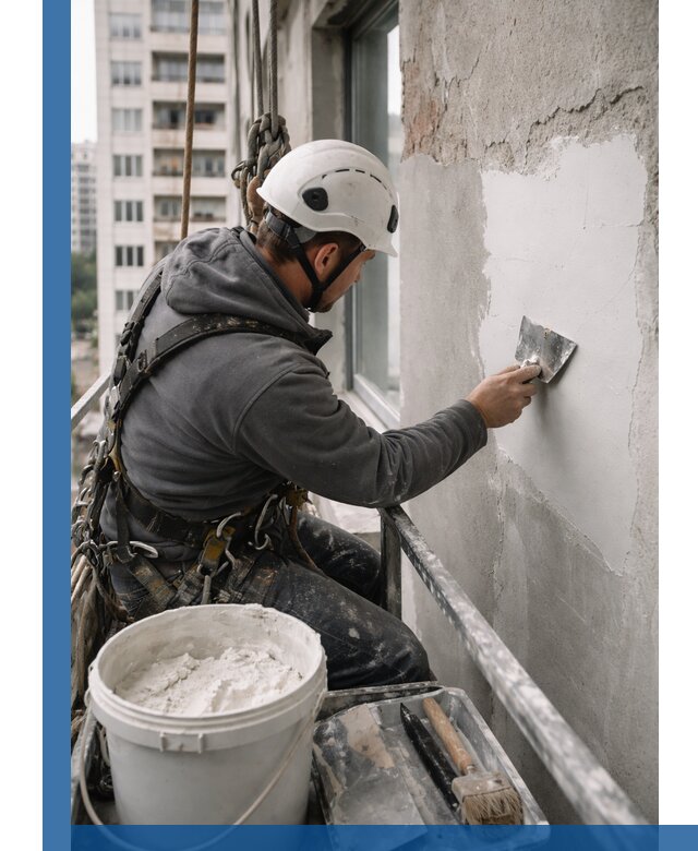 Шпаклевка фасадов на высоте с промальпинистами в Устях-Джегуте