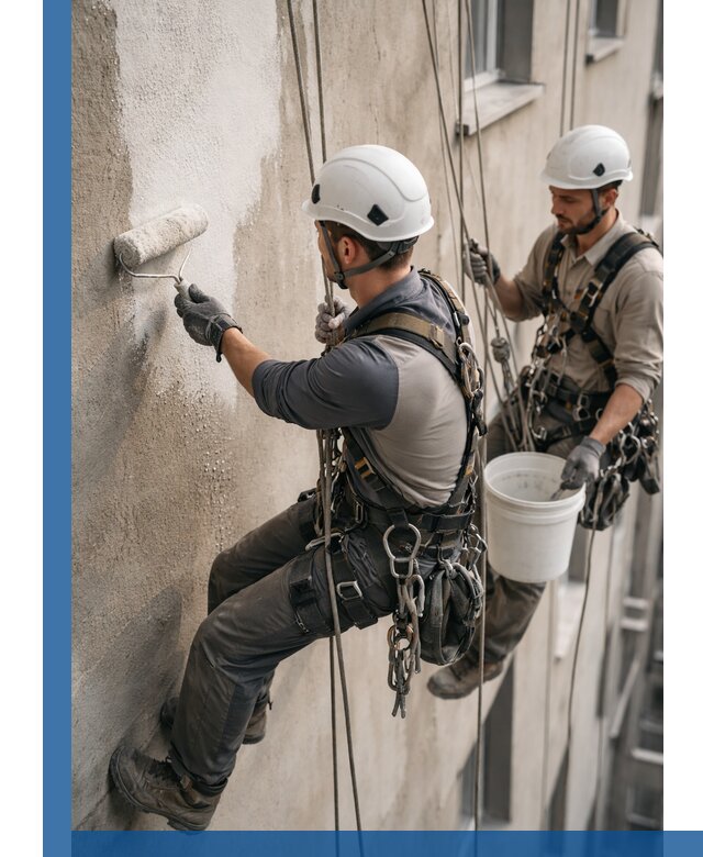 Грунтовка фасада на высоте в Устях-Джегуте промышленными альпинистами