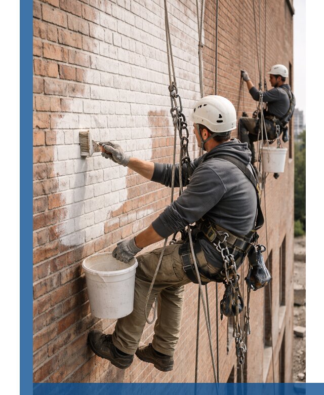 Покраска кирпичного фасада с доступным альпинистским сервисом в Устях-Джегуте