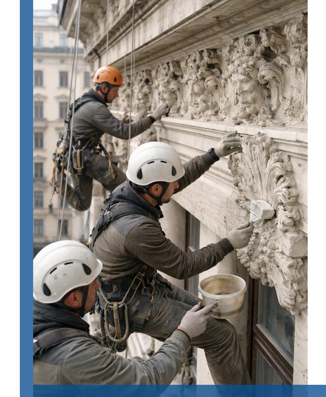 Реставрация фасадной лепнины с высотными работами в Устях-Джегуте