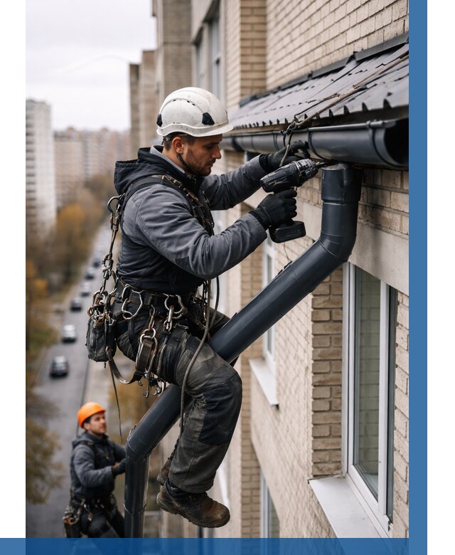 Монтаж водосточной системы на здании в Устях-Джегуте от 5062 р. | ВЫСОТНИК-Стд