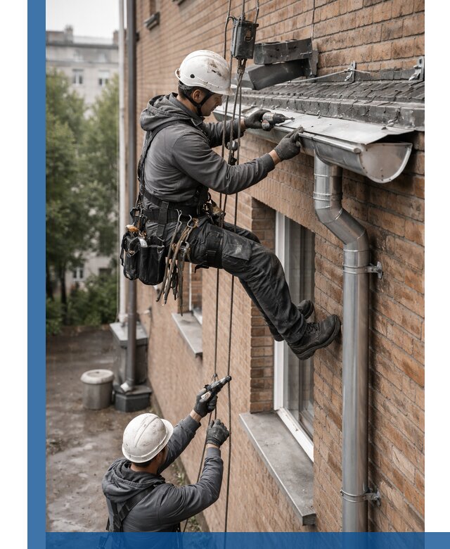 Монтаж водосточной системы на здании в Устях-Джегуте под ключ