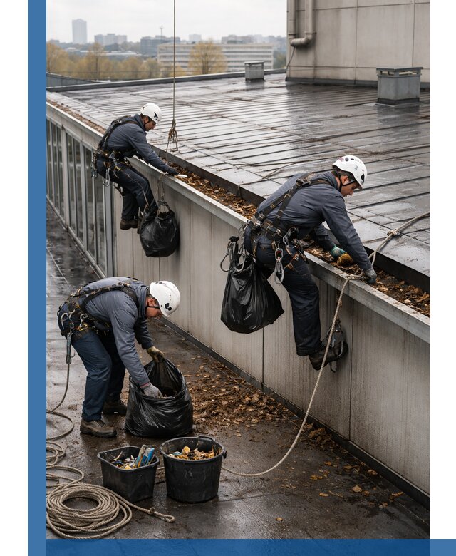 Очистка кровли по периметру в Устях-Джегуте силами промышленных альпинистов