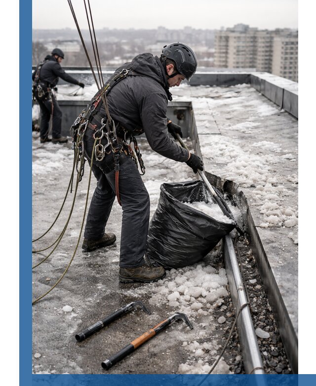 Аварийная очистка кровли в Устях-Джегуте от промальпинистов