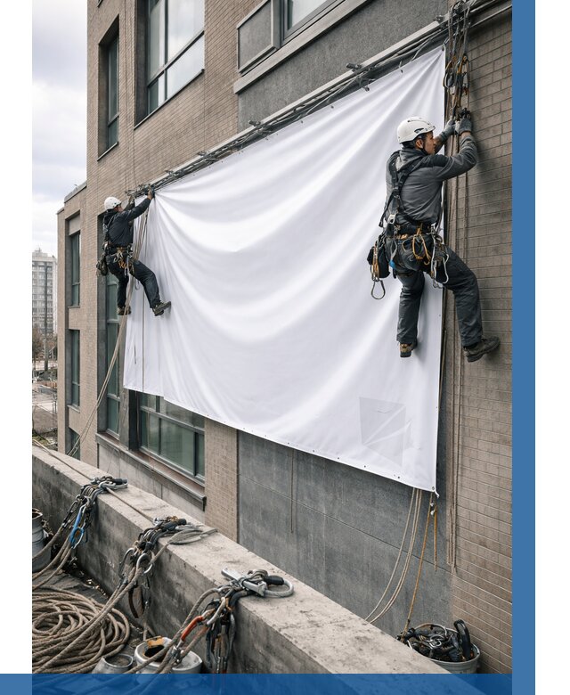 Монтаж баннеров на фасаде в Устях-Джегуте от 658 р. заказать ВЫСОТНИК-Стд