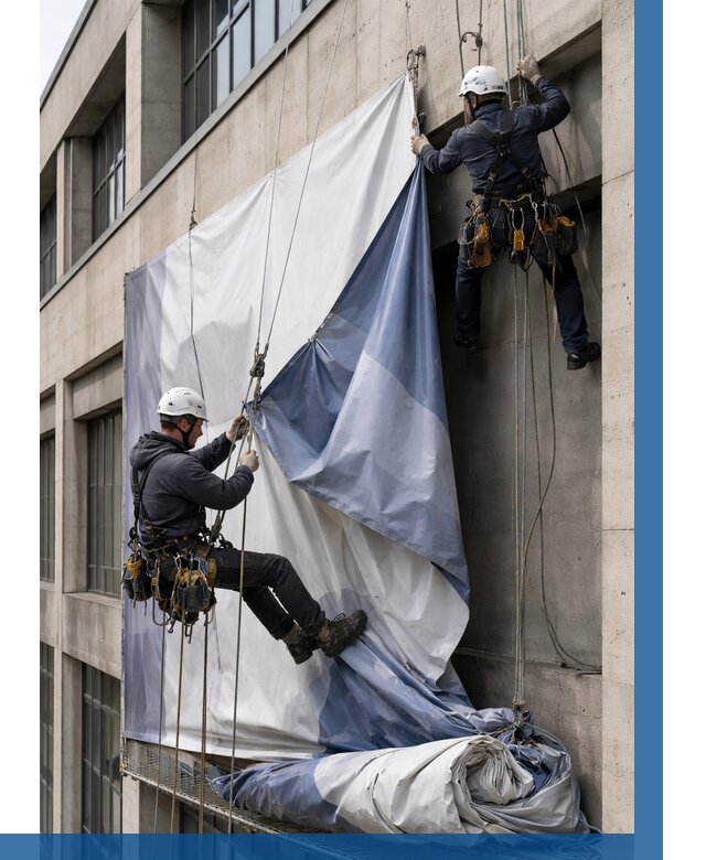 Демонтаж баннеров с фасада в Устях-Джегуте от 4555 р. | ВЫСОТНИК-Стд