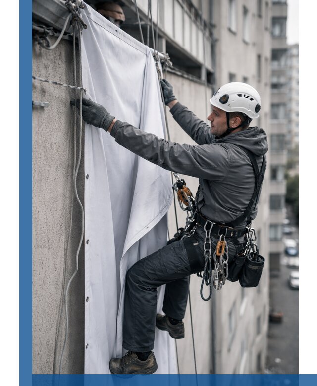 Замена баннерного полотна промышленными альпинистами в Устях-Джегуте