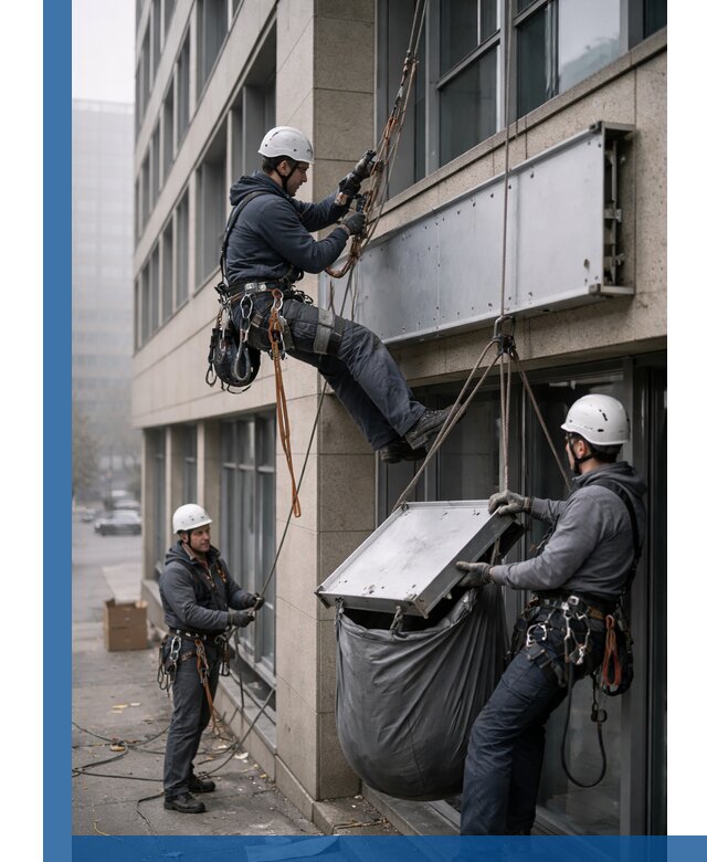 Демонтаж рекламной вывески с высотными работами в Устях-Джегуте