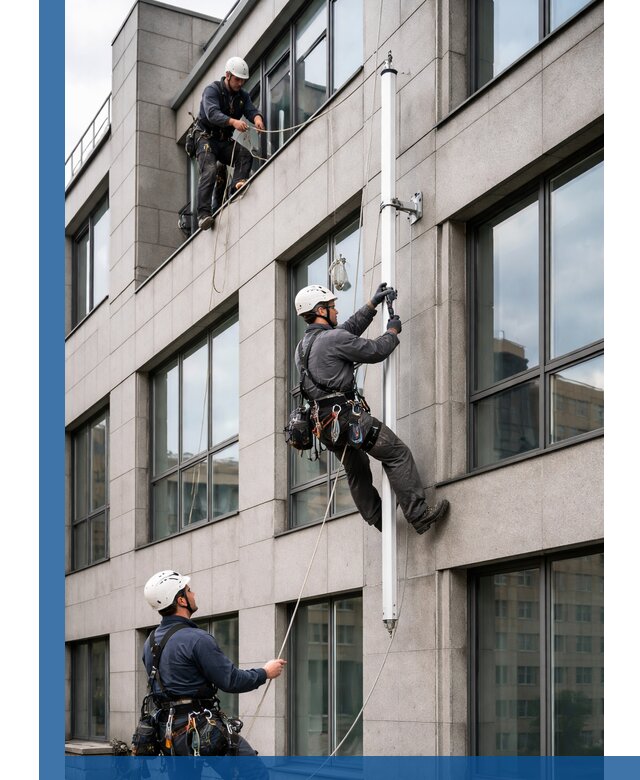 Монтаж флагштока на фасаде здания с креплением и герметикой в Устях-Джегуте