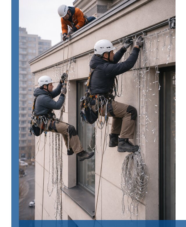 Монтаж праздничных гирлянд на фасаде в Устях-Джегуте для зданий