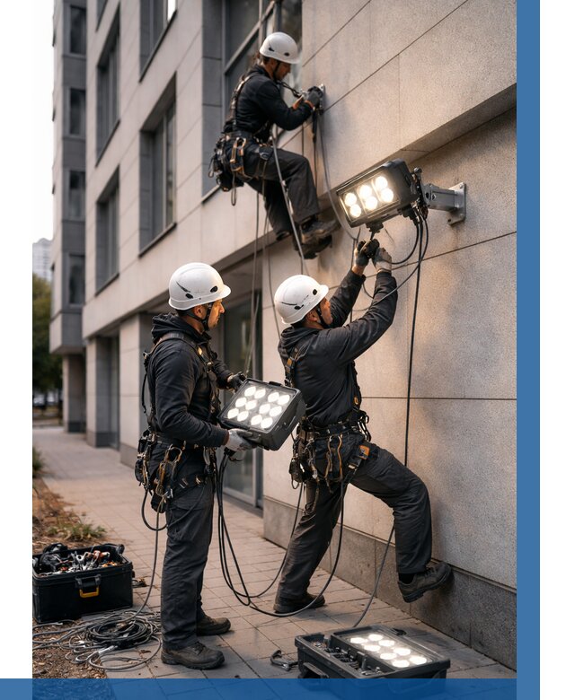 Монтаж прожекторов на фасаде в Устях-Джегуте от 7592 р. | ВЫСОТНИК-Стд