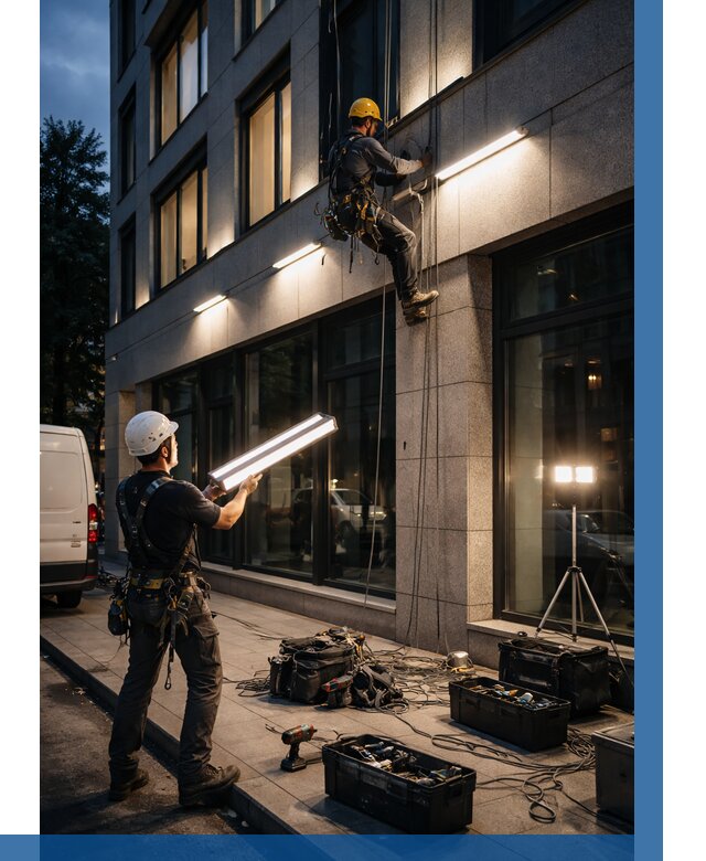 Монтаж архитектурной подсветки здания в Устях-Джегуте от 2531 р.|ВЫСОТНИК-Стд