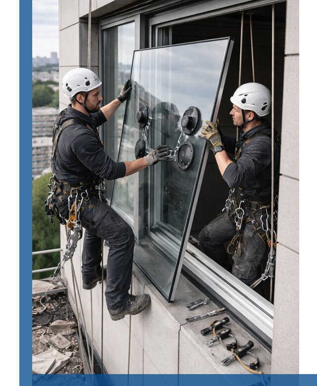 Замена стеклопакетов на высоте с промышленными альпинистами в Устях-Джегуте