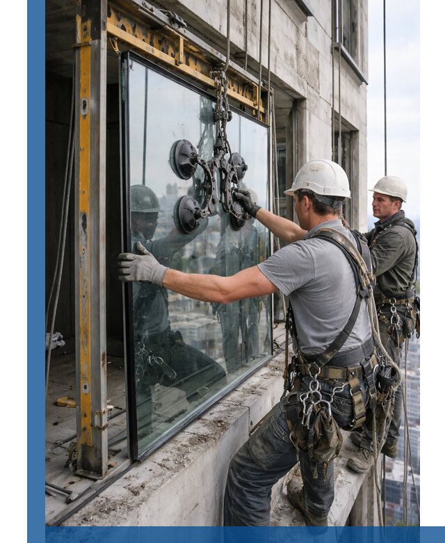 Монтаж стеклопакетов на высоте в Устях-Джегуте с промышленным альпинизмом