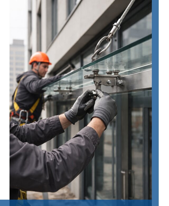 Монтаж стеклянных козырьков в Устях-Джегуте от 8605 р. | ВЫСОТНИК-Стд