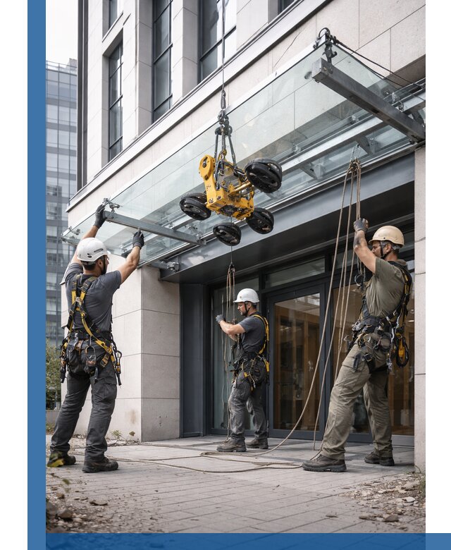 Монтаж стеклянных козырьков под ключ в Устях-Джегуте для зданий