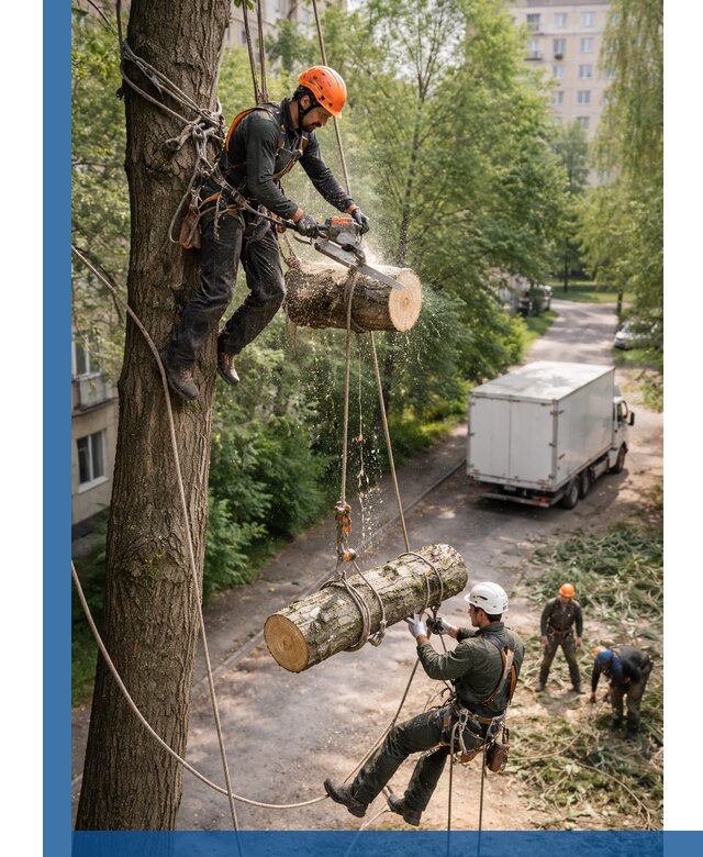 Спил деревьев альпинистами в Устях-Джегуте, безопасно и без повреждений